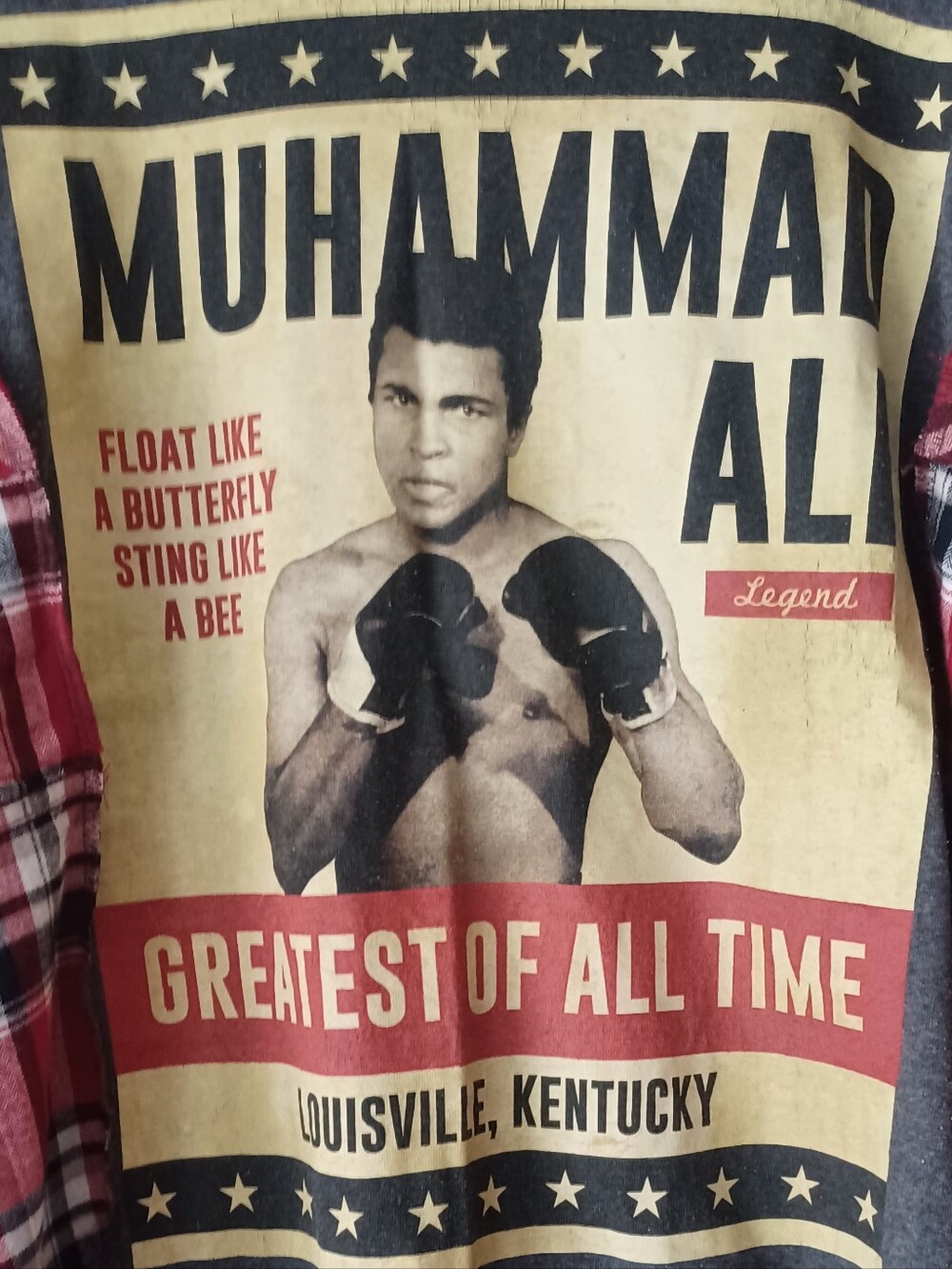 Upcycled Muhammad Ali Graphic Plaid Sleeve Men's Shirt - Red/Gray - Picture 5 of 9